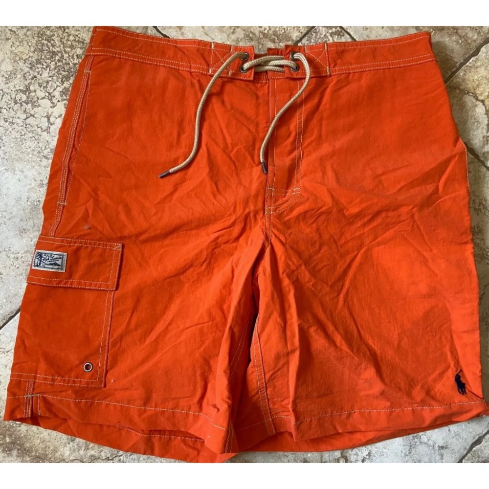 🧜‍♀️💦POLO RALPH LAUREN ORANGE Blue RL logo Swim Trunks Board Shorts Size M
